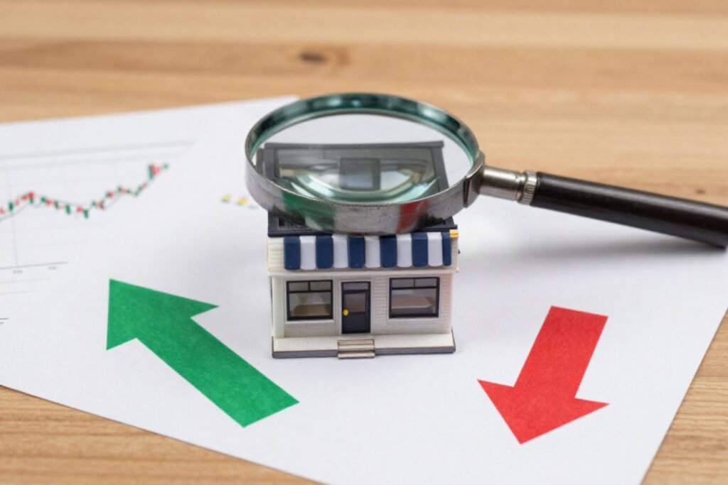Business valuation concept with a magnifying glass, storefront model, and upward and downward arrows