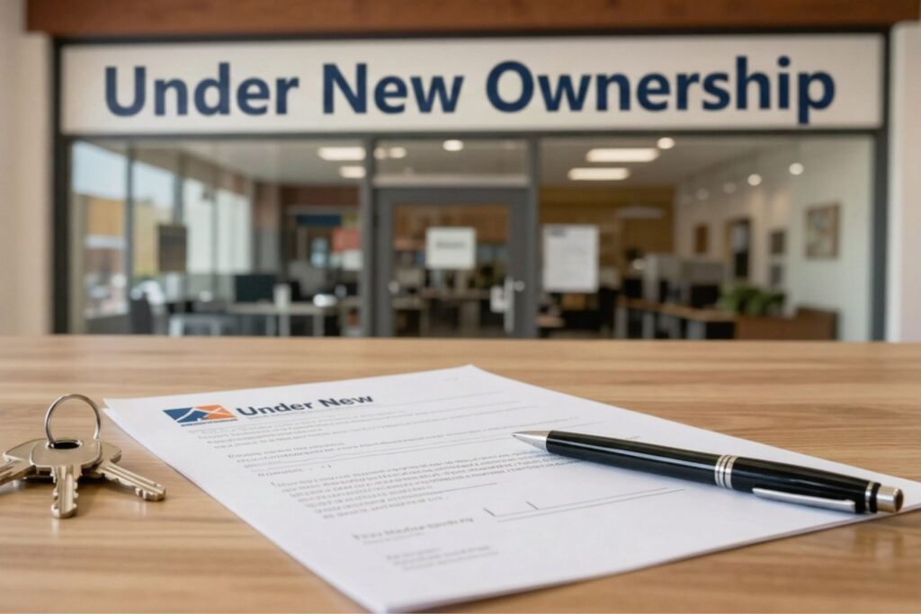 Under new ownership sign displayed in front of a business with documents and keys on a desk