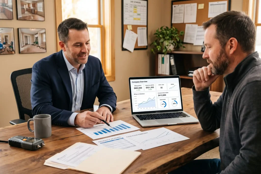 Contractor reviewing business performance with consultant