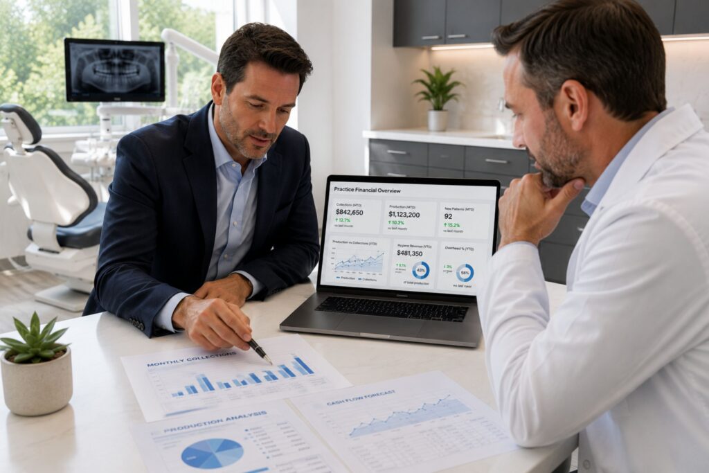Financial advisor reviews dental practice reports with a dentist