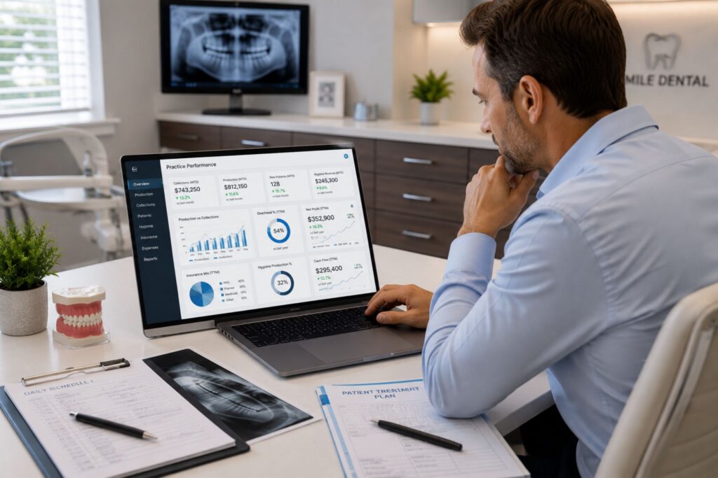 Dentist reviews practice financial performance on a laptop