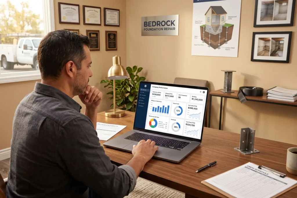Foundation repair contractor reviewing business performance