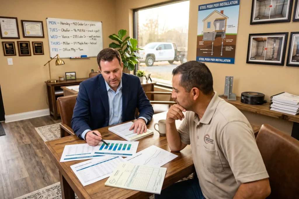 Foundation repair contractor discussing business performance