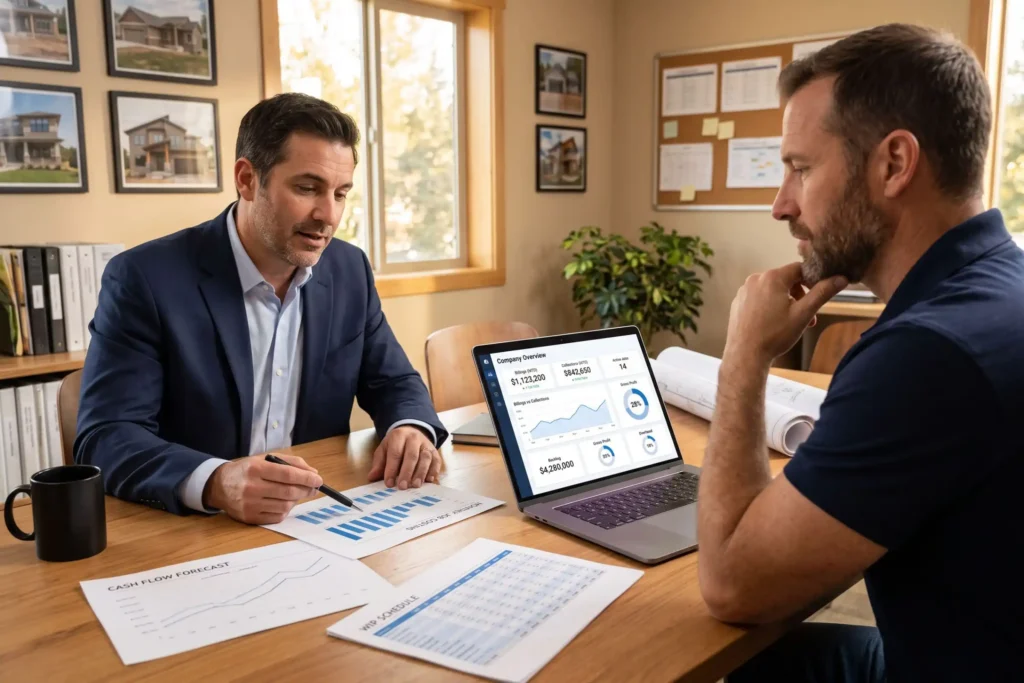 General contractor discussing business performance