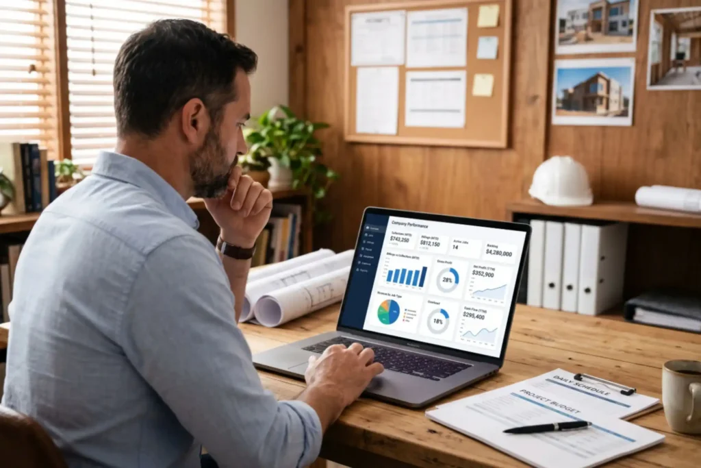 General contractor reviewing business performance data