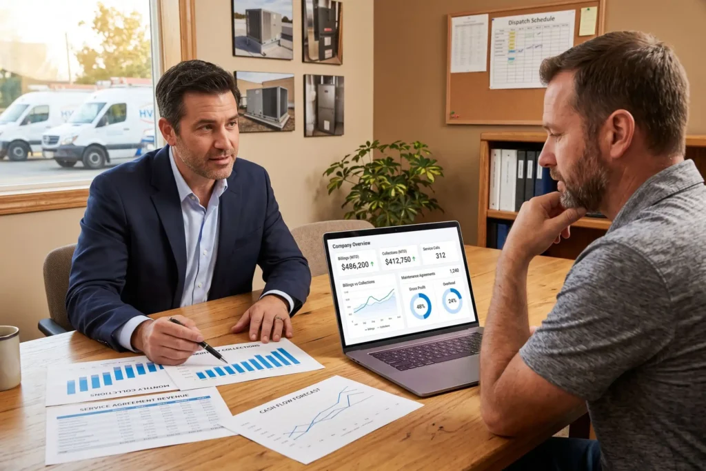 HVAC contractor discussing business performance