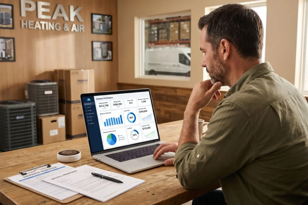 HVAC contractor reviewing business performance data
