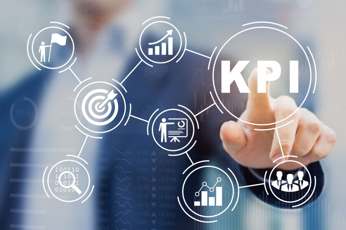 Digital KPI dashboard with performance charts, targets, growth metrics, and team indicators used to track business performance