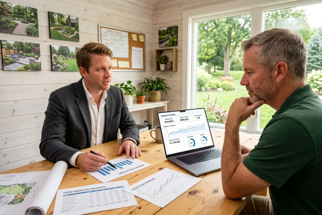 Landscaping business owner discussing company performance