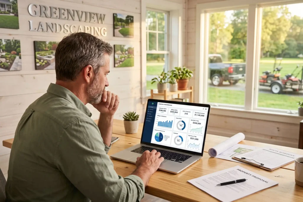 Landscaper reviewing business performance data
