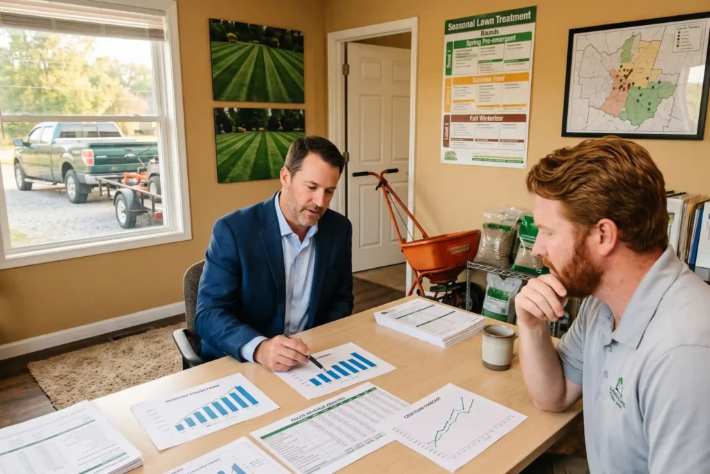 Lawn care professionals reviewing business performance