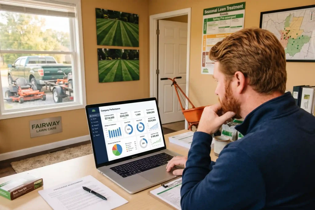 Lawn care professional reviewing company performance data