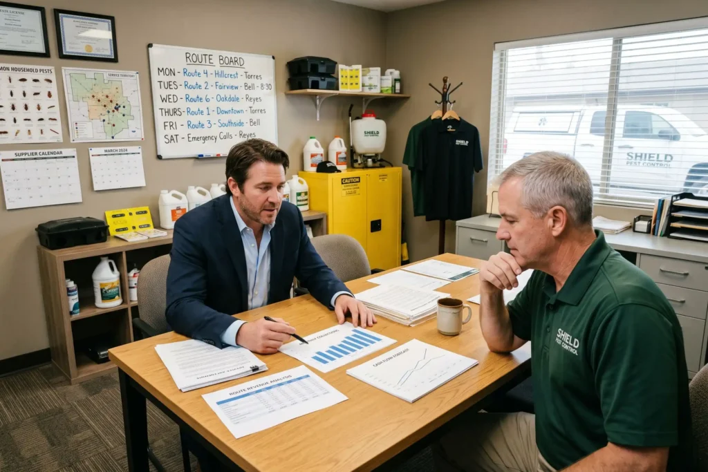 Pest control business owner discussing business performance