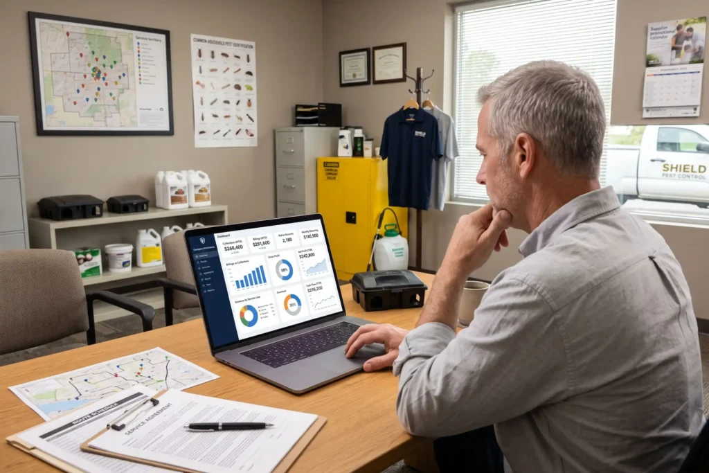 Pest control professional reviewing business performance data