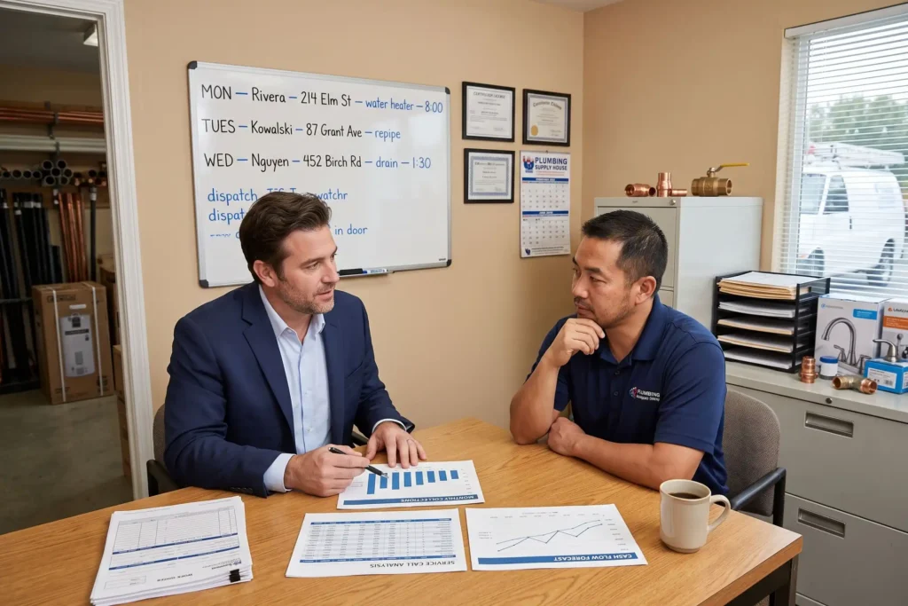 Plumbing business owner discussing performance and projects