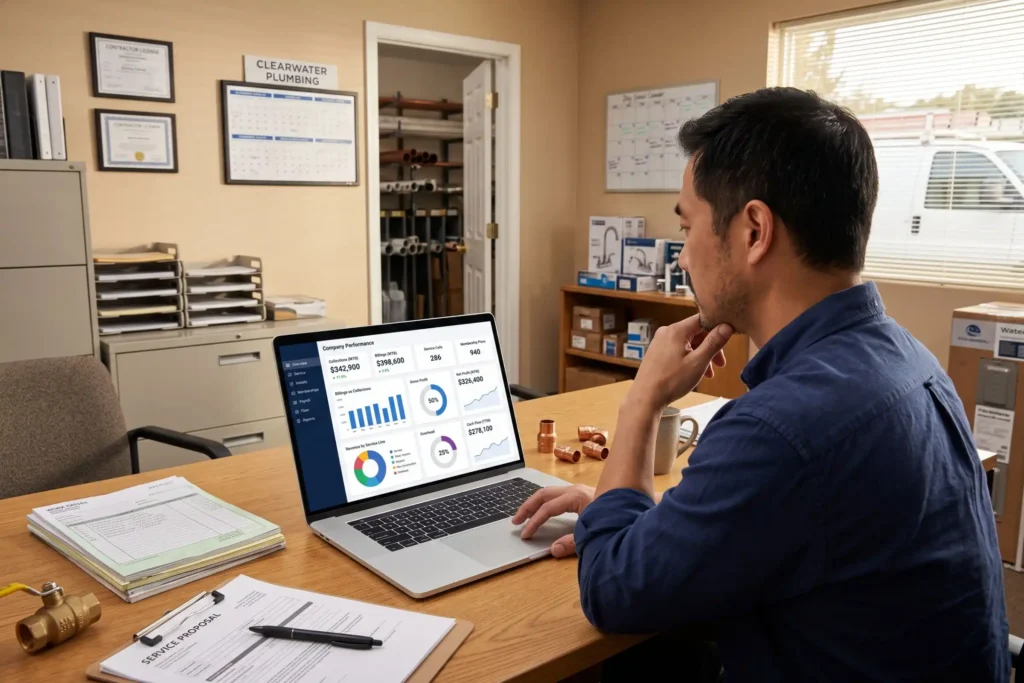 Plumber reviewing business performance data