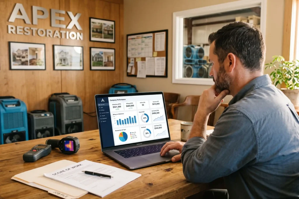 Restoration contractor reviewing business performance dashboard