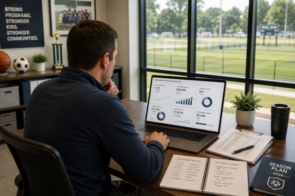 Sports organization manager reviews financial metrics on a laptop