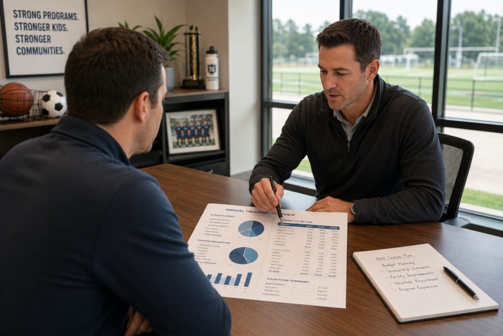 Two sports organization leaders review an annual financial report.