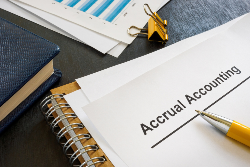 Accrual accounting records showing business income and expenses