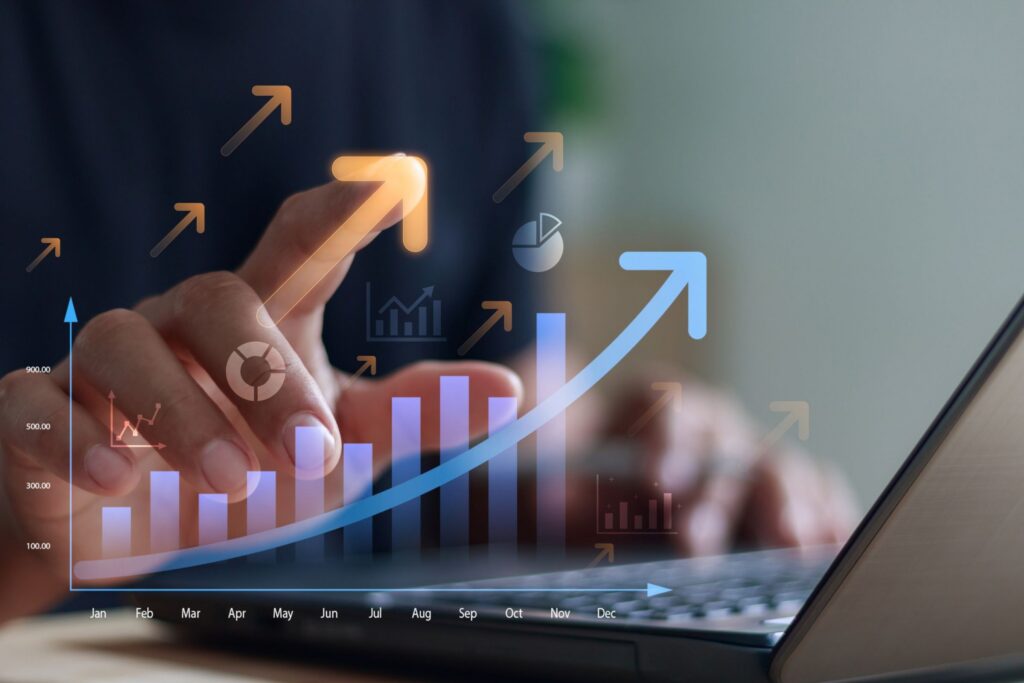 Business revenue growth chart with rising financial performance indicators