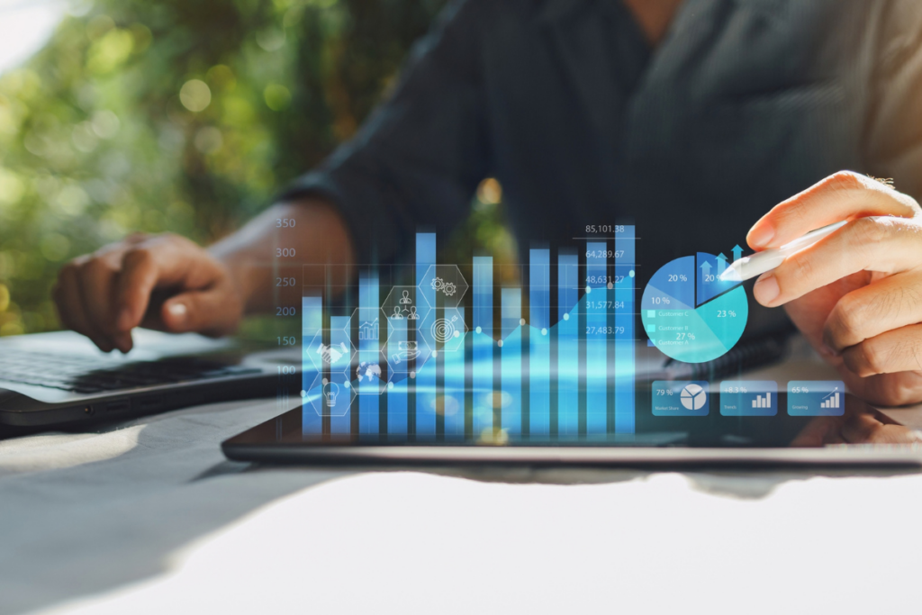Business professionals reviewing financial performance charts and data analysis