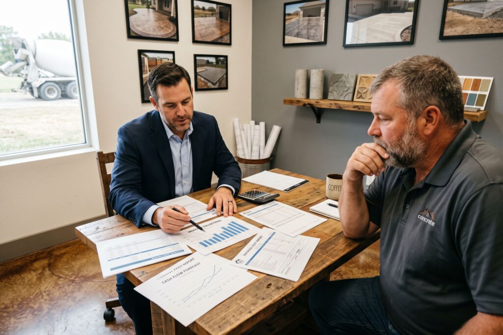 Two men reviewing paperwork and discussing a concrete business at a desk.