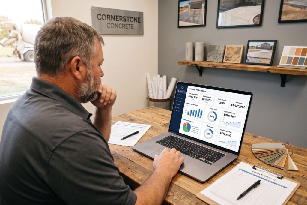 Concrete business owner reviewing financial charts on a laptop.